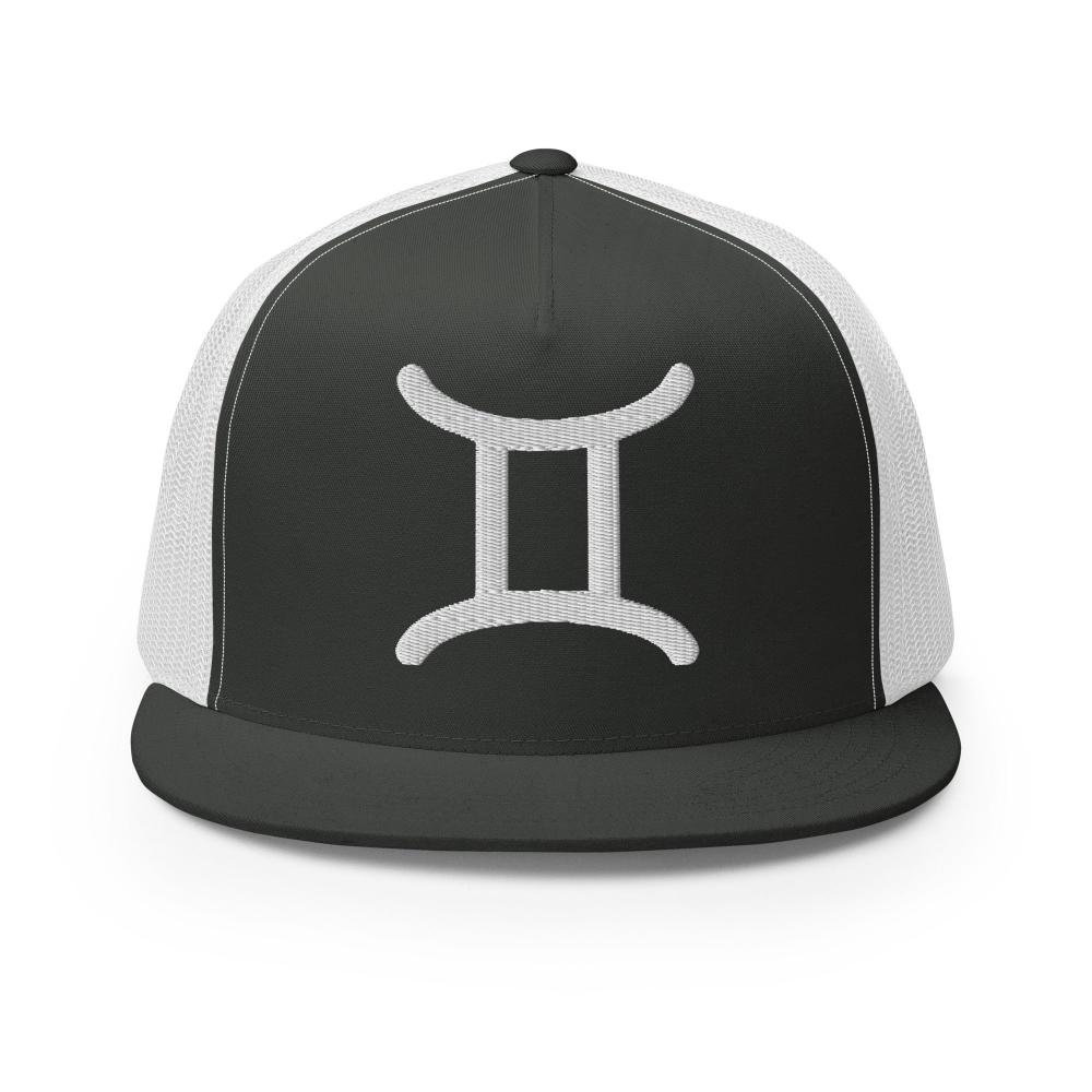 Gemini Zodiac Embroidered Flat Bill Trucker Hat - Charcoal/White Color - https://ascensionemporium.net